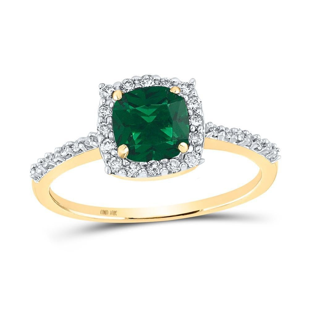 10kt Yellow Gold Womens Cushion Lab-Created Emerald Diamond Solitaire Ring 1-1/5 Cttw