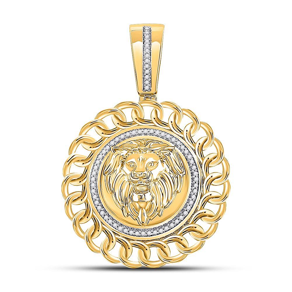 10kt Yellow Gold Mens Round Diamond Lion Head Circle Charm Pendant 1/5 Cttw