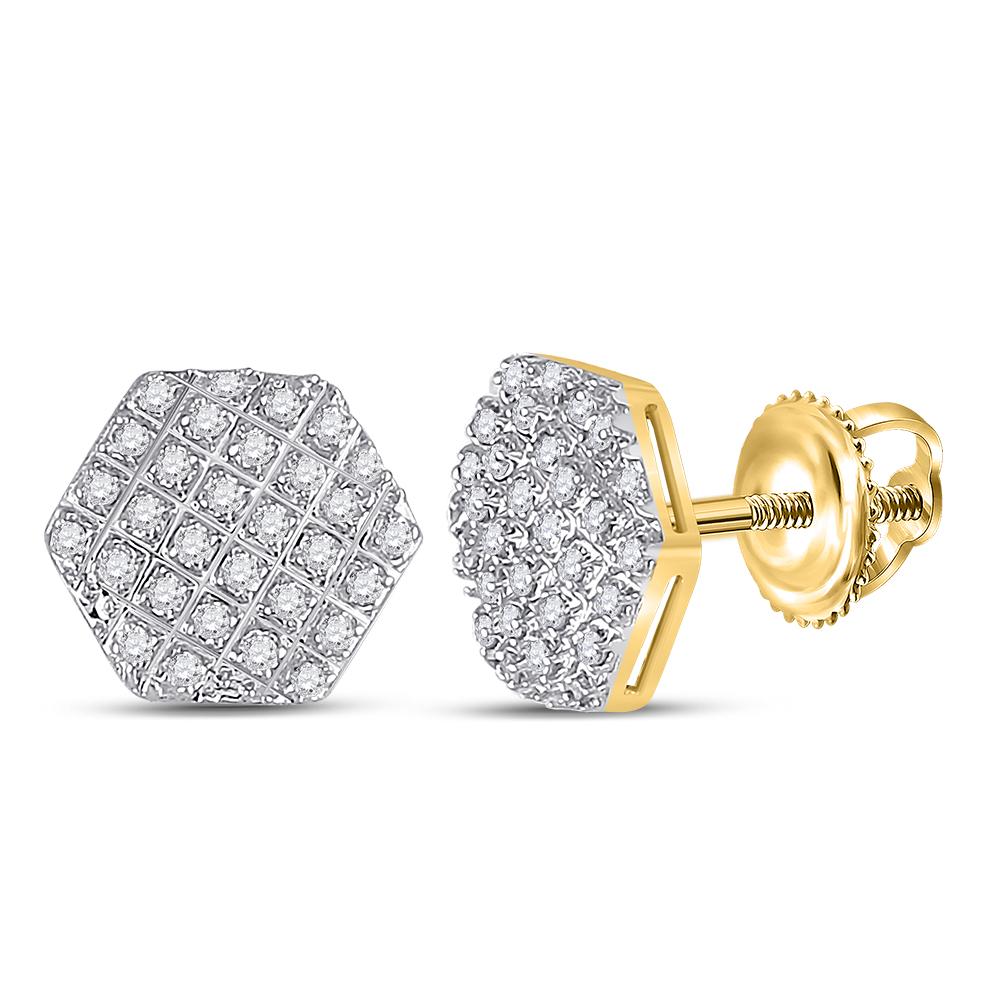 10kt Yellow Gold Mens Round Diamond Hexagon Cluster Earrings 1/6 Cttw