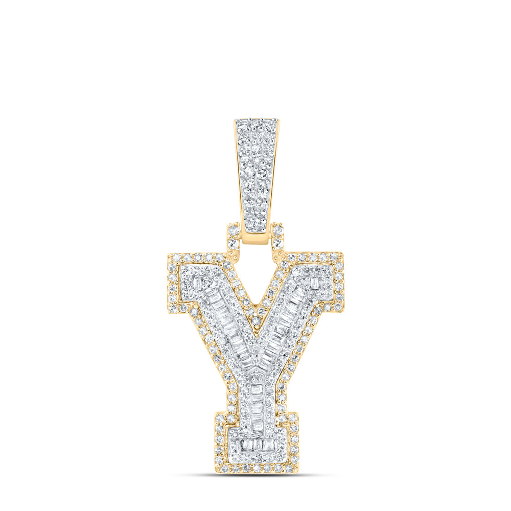 10kt Yellow Gold Mens Baguette Diamond Y Initial Letter Charm Pendant 1/2 Cttw