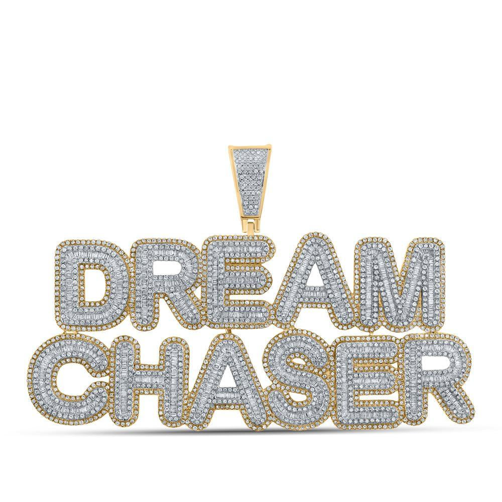 10kt Yellow Gold Mens Baguette Diamond Dream Chaser Phrase Charm Pendant 6-3/4 Cttw