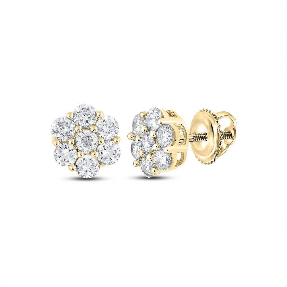 14kt Yellow Gold Mens Round Diamond Flower Cluster Earrings 1 Cttw