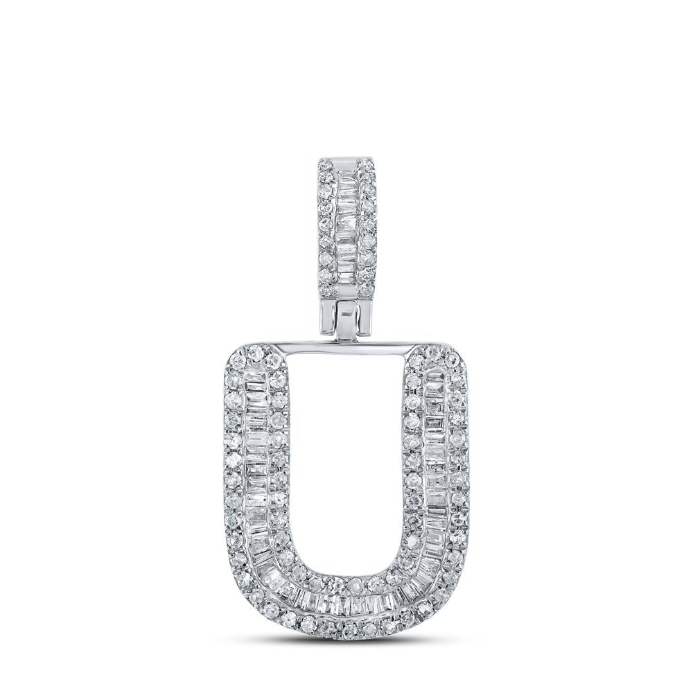 10kt White Gold Mens Baguette Diamond U Initial Letter Pendant 3/8 Cttw