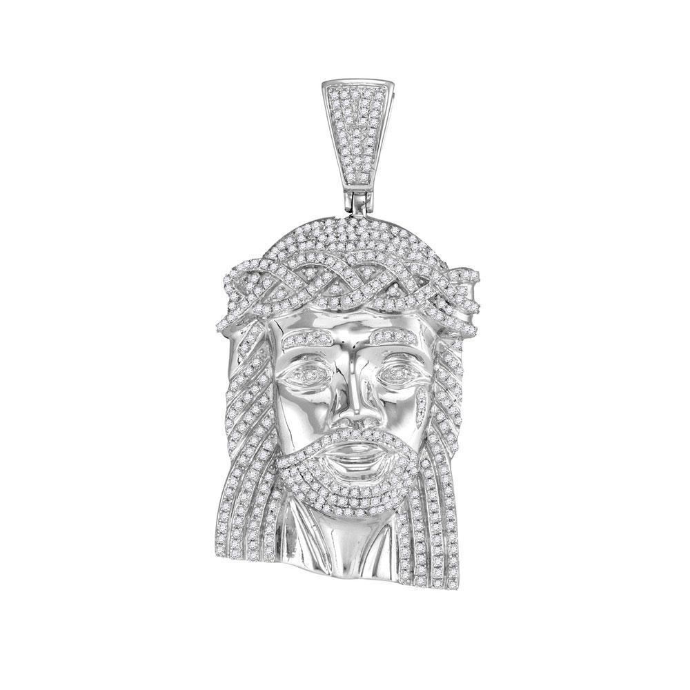 10kt White Gold Mens Round Diamond Jesus Face Charm Pendant 1-5/8 Cttw