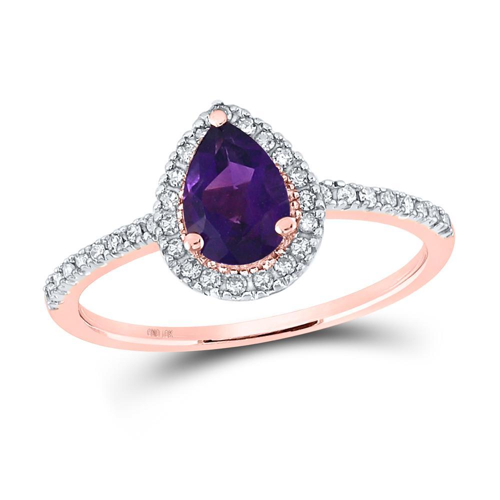 10kt Rose Gold Womens Pear Lab-Created Amethyst Solitaire Ring 3/4 Cttw