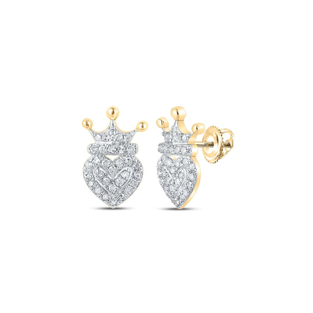 10kt Yellow Gold Womens Round Diamond Crown Heart Earrings 1/6 Cttw