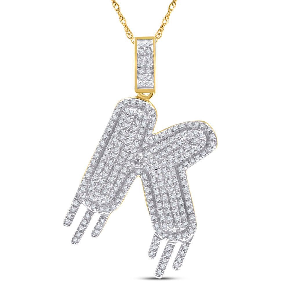 10kt Yellow Gold Mens Round Diamond K Dripping Letter Charm Pendant 3/4 Cttw