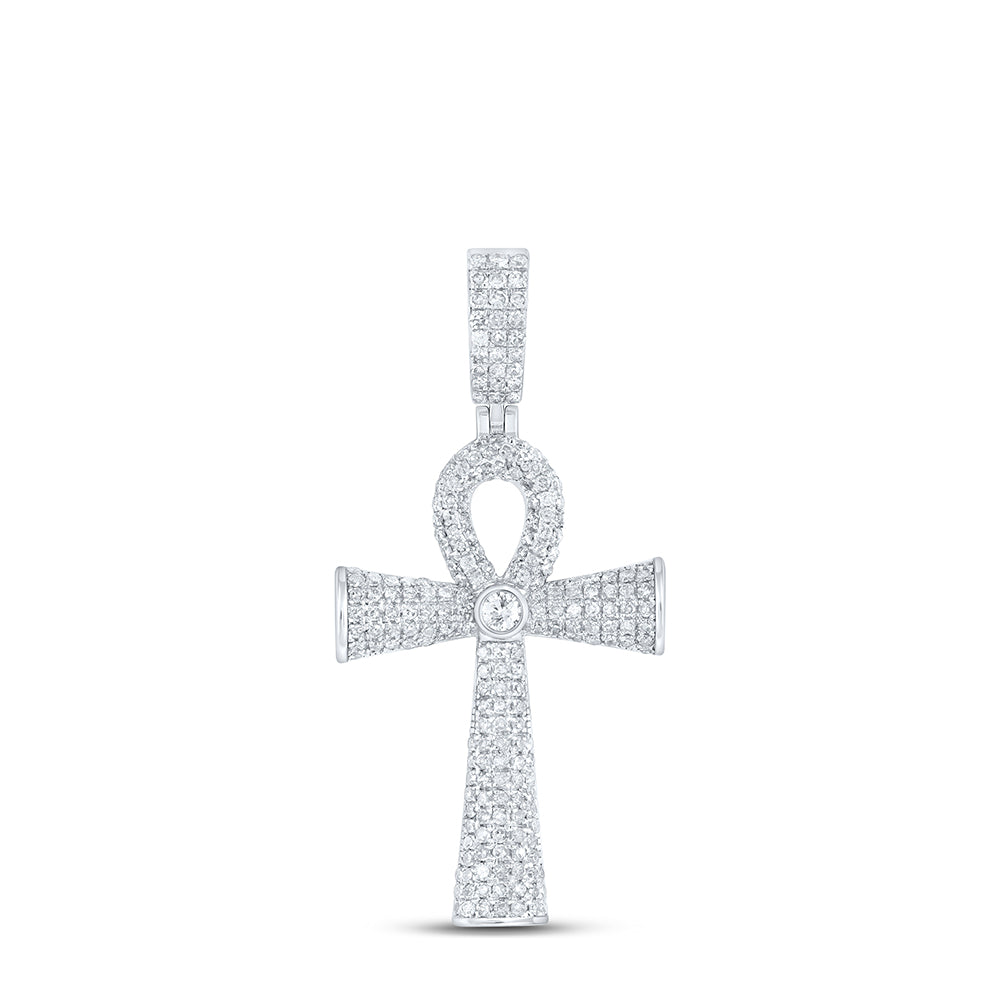 Sterling Silver Mens Round Diamond Ankh Cross Charm Pendant 1 Cttw