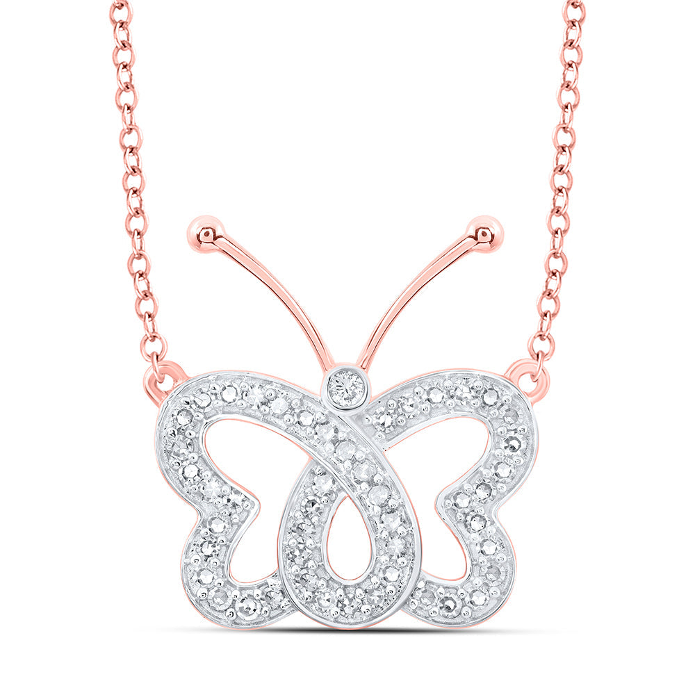 10kt Rose Gold Womens Round Diamond Butterfly Necklace 1/4 Cttw