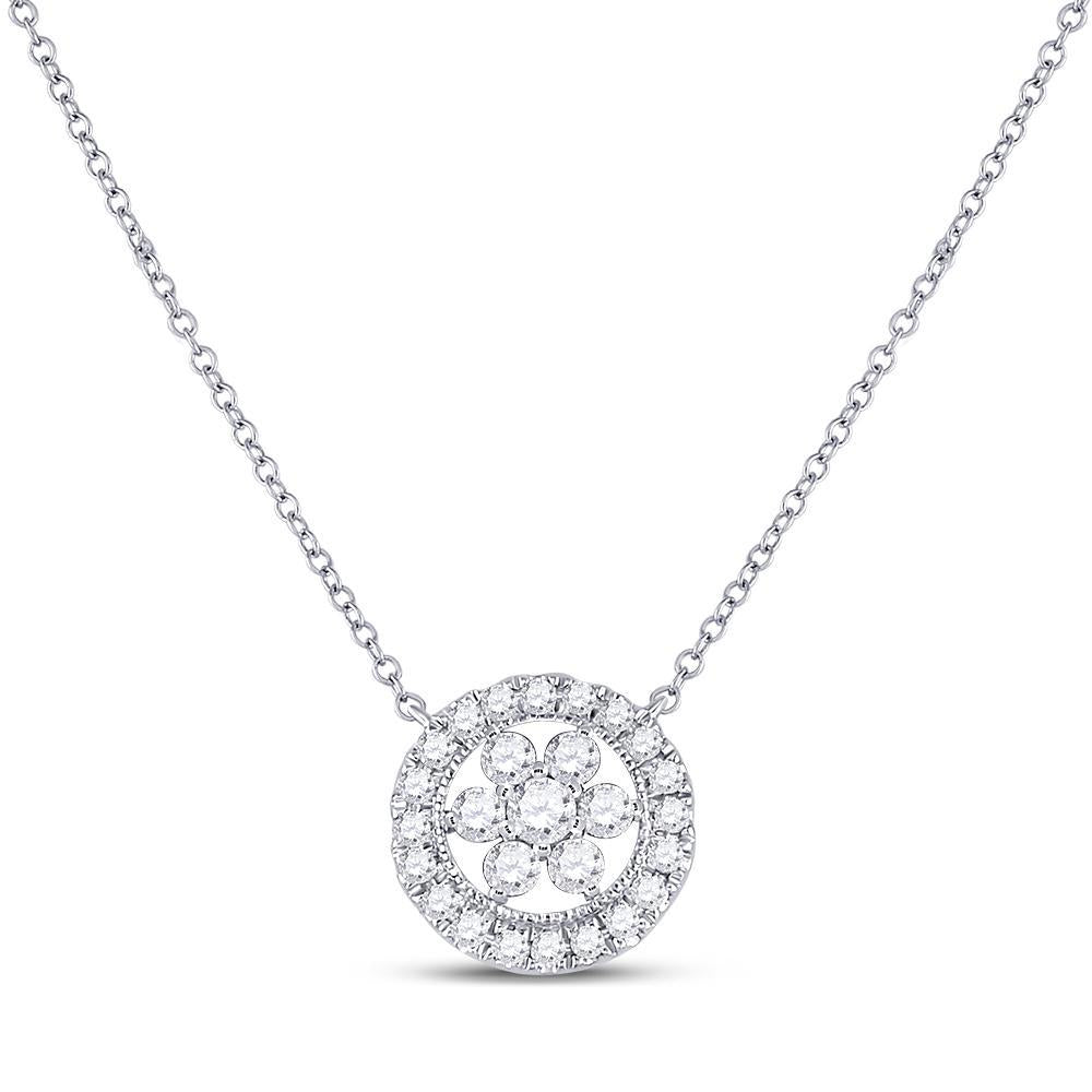 14kt White Gold Womens Round Diamond Floral Cluster Necklace 1/3 Cttw