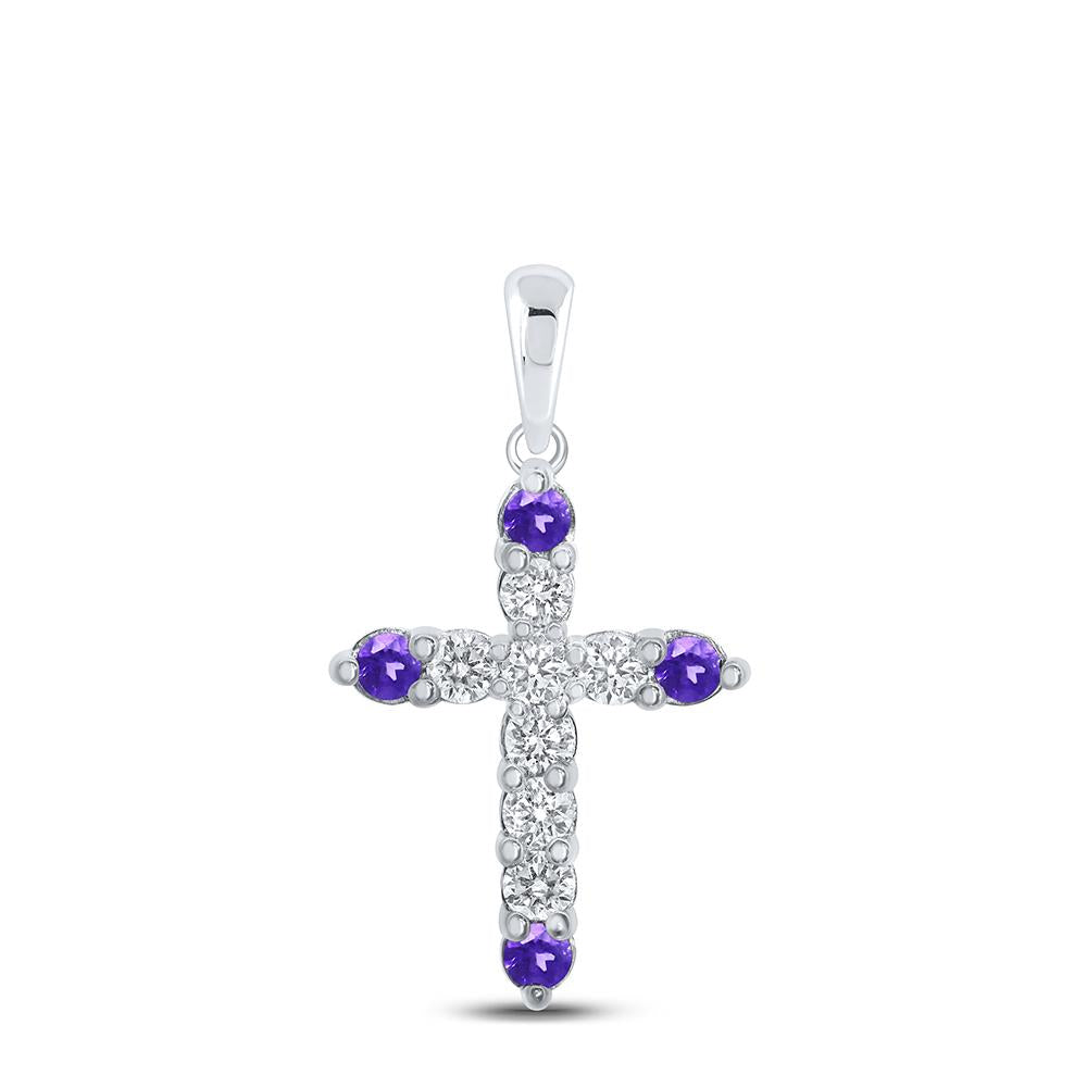 10kt White Gold Womens Round Synthetic Amethyst Diamond Cross Pendant 1/4 Cttw