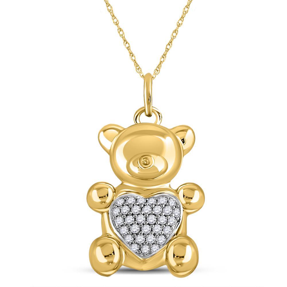 10kt Yellow Gold Womens Round Diamond Bear Heart Animal Pendant 1/10 Cttw