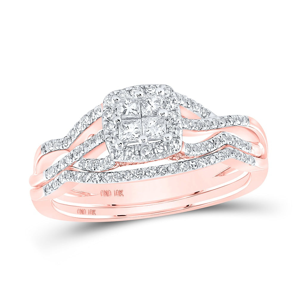 10kt Rose Gold Princess Diamond Square Bridal Wedding Ring Band Set 1/2 Cttw