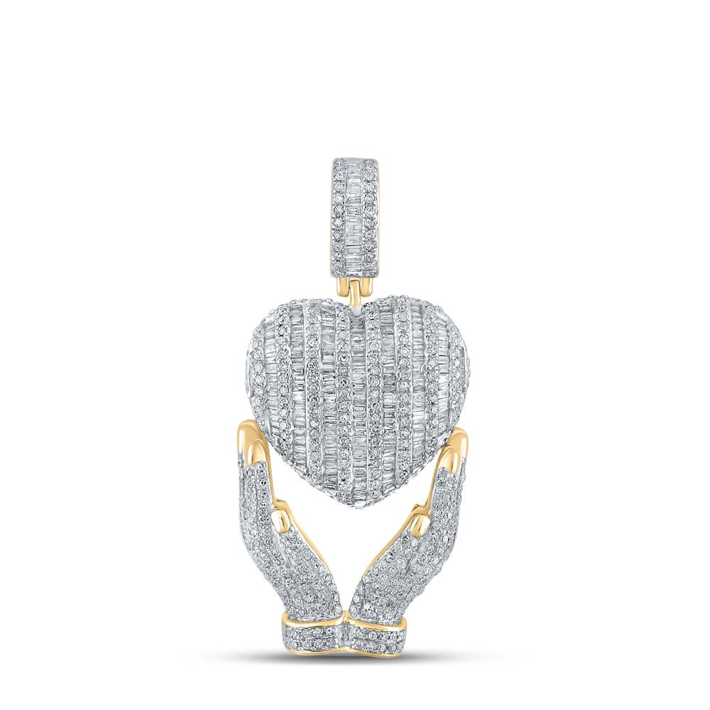 10kt Yellow Gold Mens Baguette Diamond Heart Hands Charm Pendant 1-3/4 Cttw