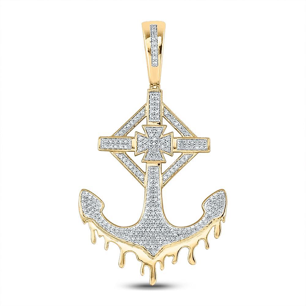 10kt Yellow Gold Mens Round Diamond Anchor Cross Charm Pendant 1/2 Cttw