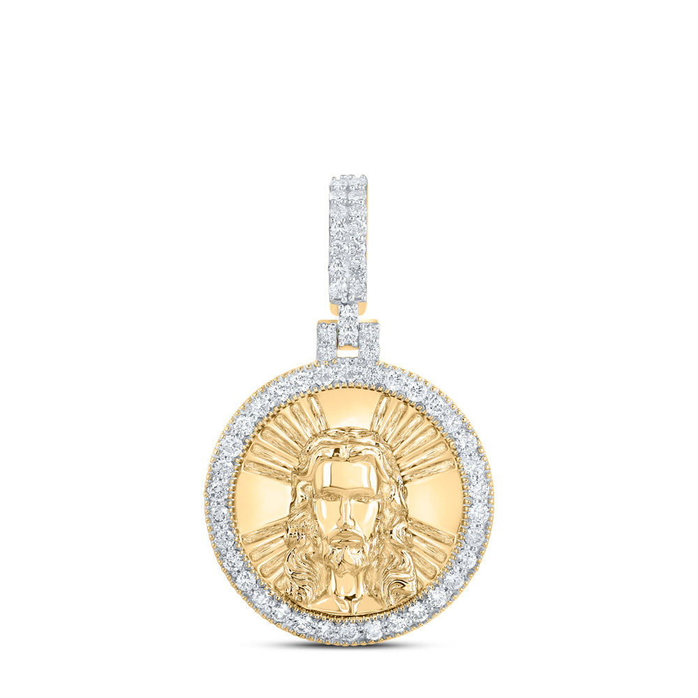 10kt Yellow Gold Mens Round Diamond Jesus Face Circle Charm Pendant 3/4 Cttw