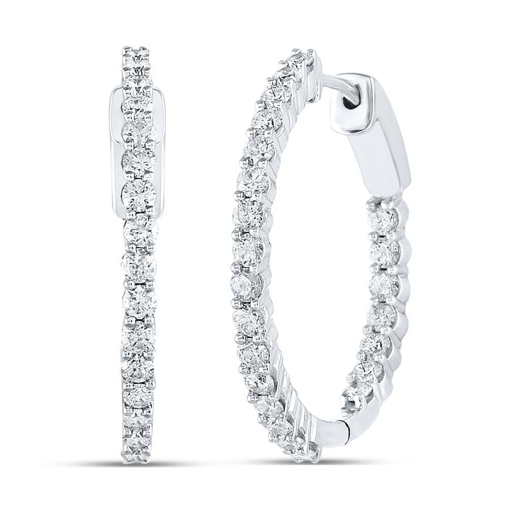 14kt White Gold Womens Round Diamond Inside Outside Hoop Earrings 2 Cttw