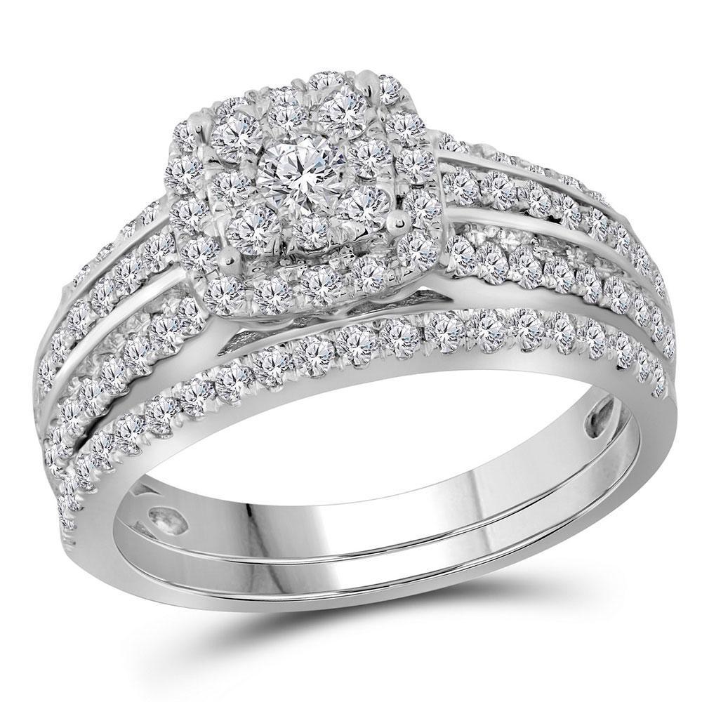 14kt White Gold Round Diamond Double Halo Bridal Wedding Ring Band Set 1 Cttw