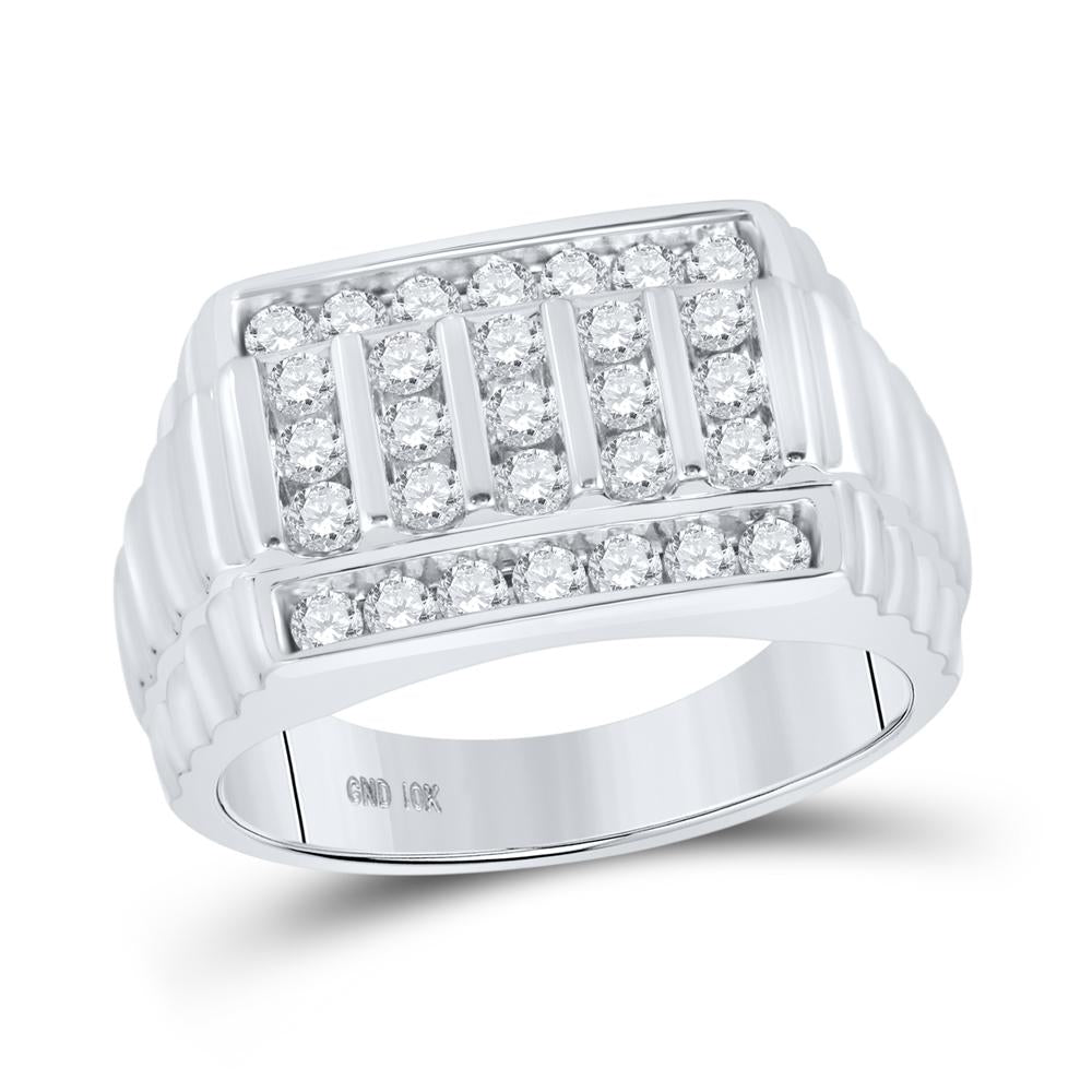 10kt White Gold Mens Round Diamond Ribbed Ring 1 Cttw
