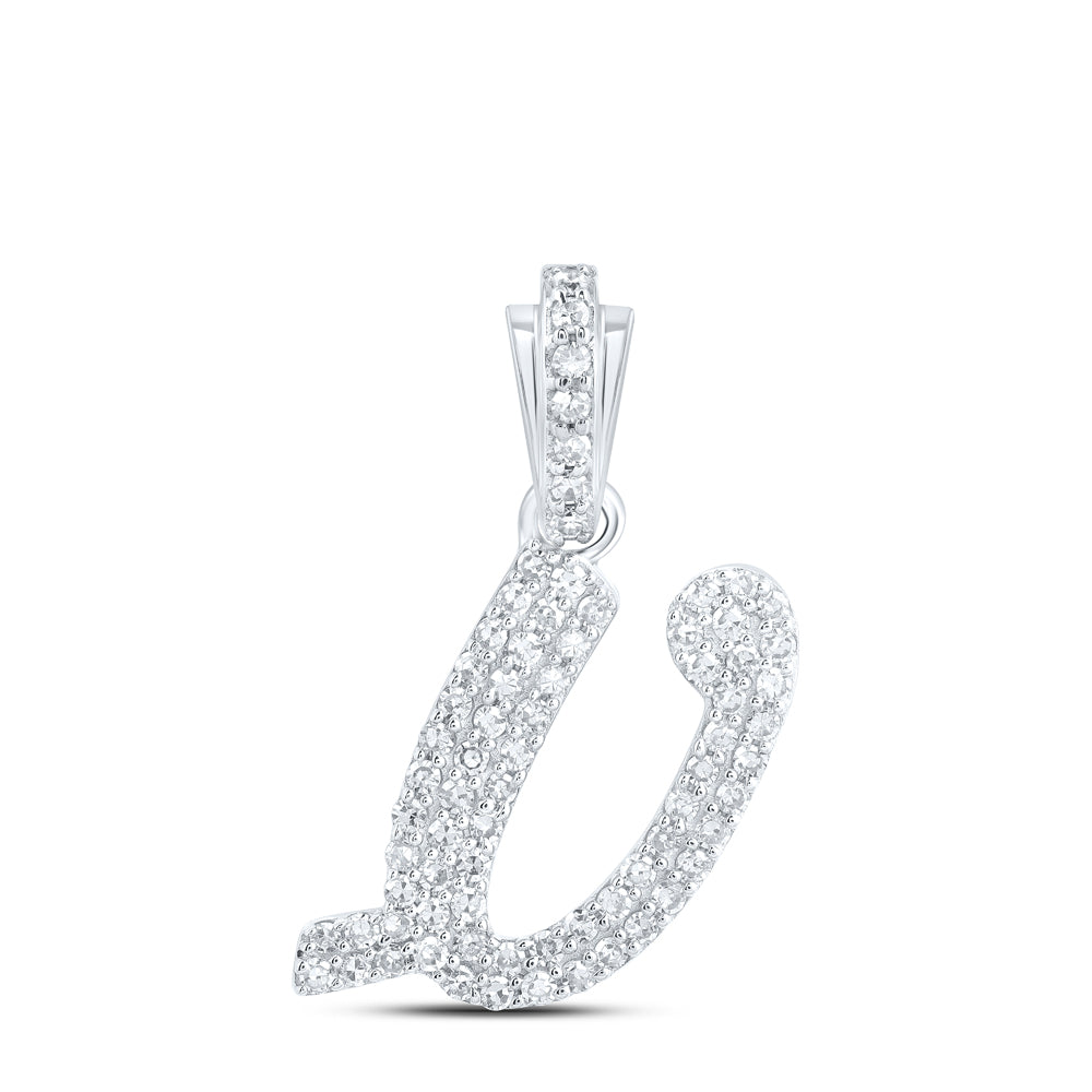 10kt White Gold Womens Round Diamond V Cursive Initial Letter Pendant 1/3 Cttw