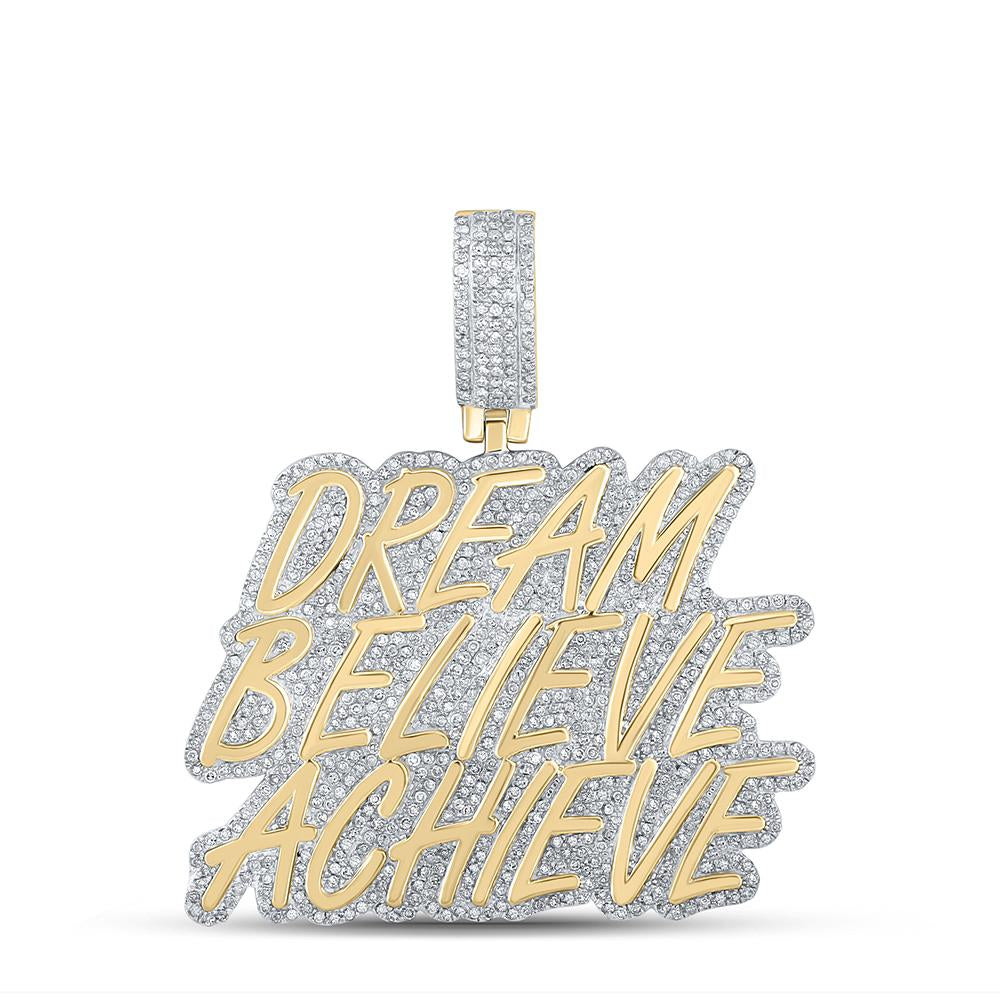 10kt Yellow Gold Mens Round Diamond Dream Believe Achieve Phrase Charm Pendant 1-3/4 Cttw