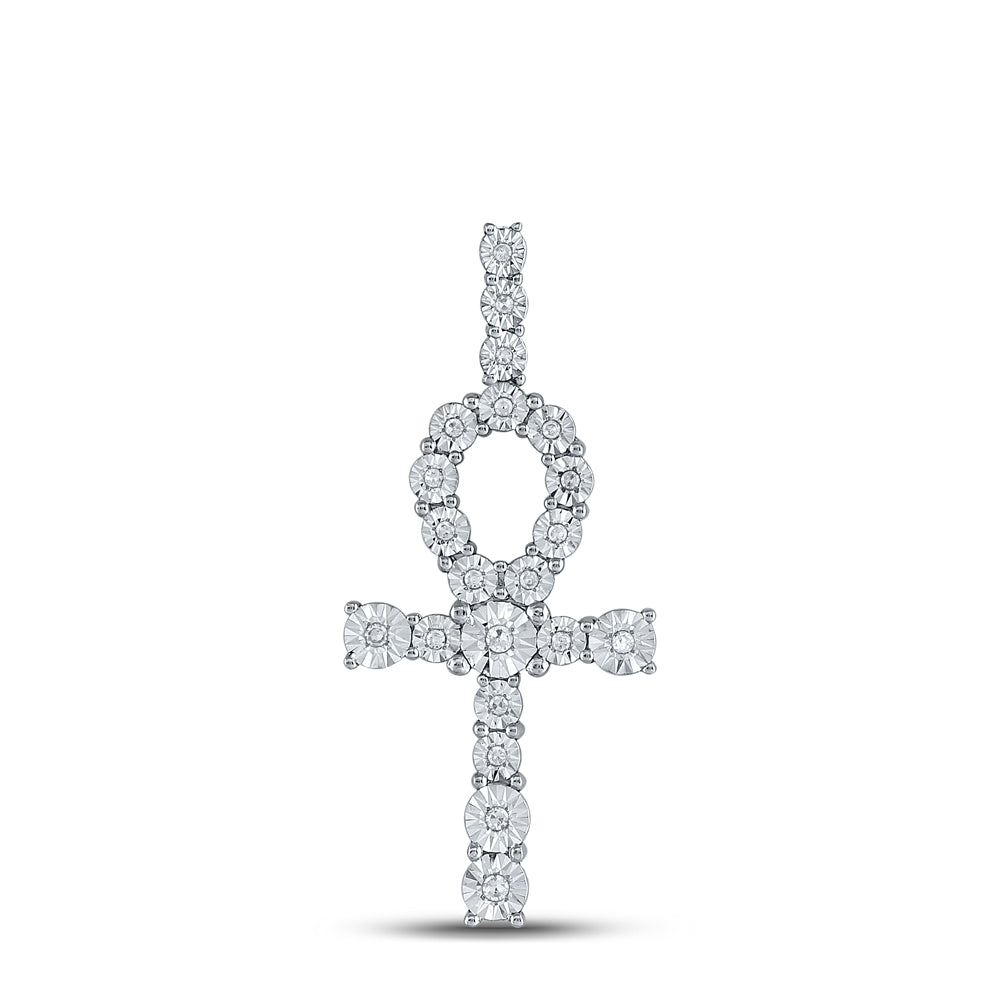 10kt White Gold Mens Round Diamond Ankh Cross Charm Pendant 1/5 Cttw