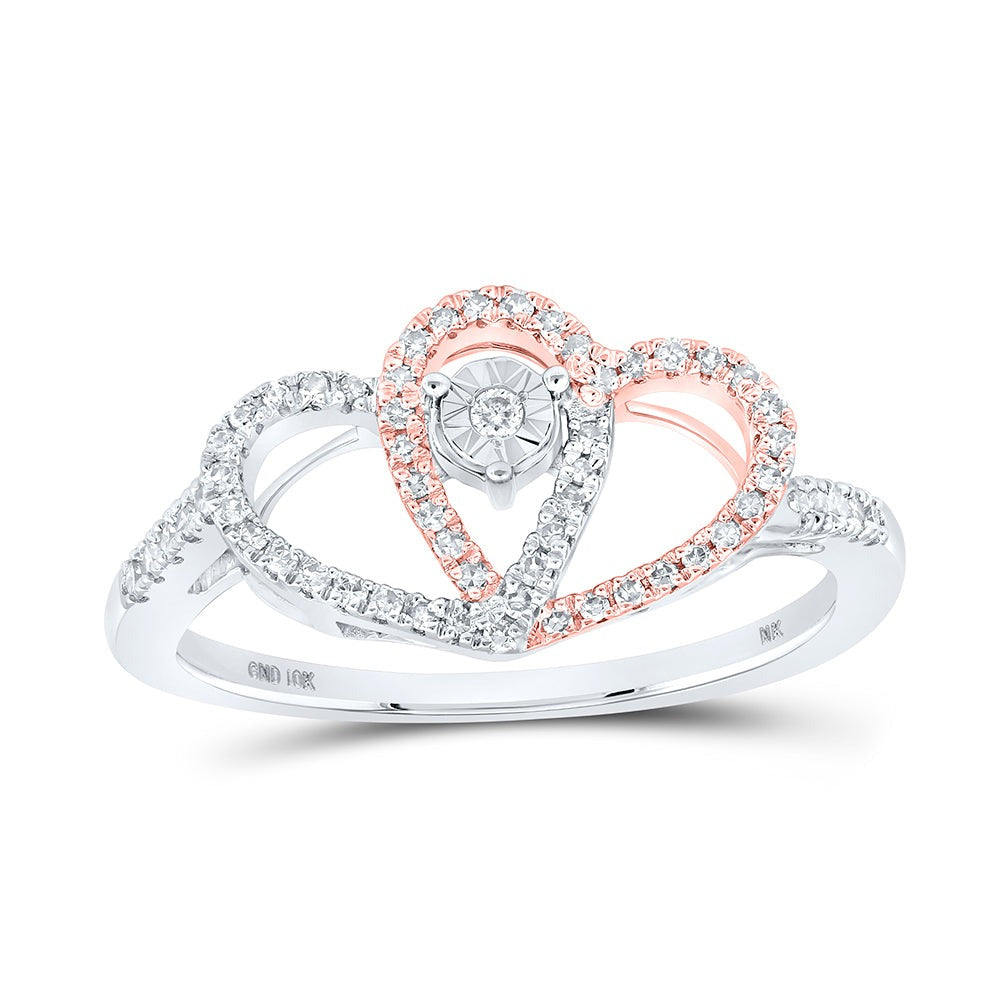 10kt Two-tone Gold Womens Round Diamond Overlapping Heart Ring 1/5 Cttw