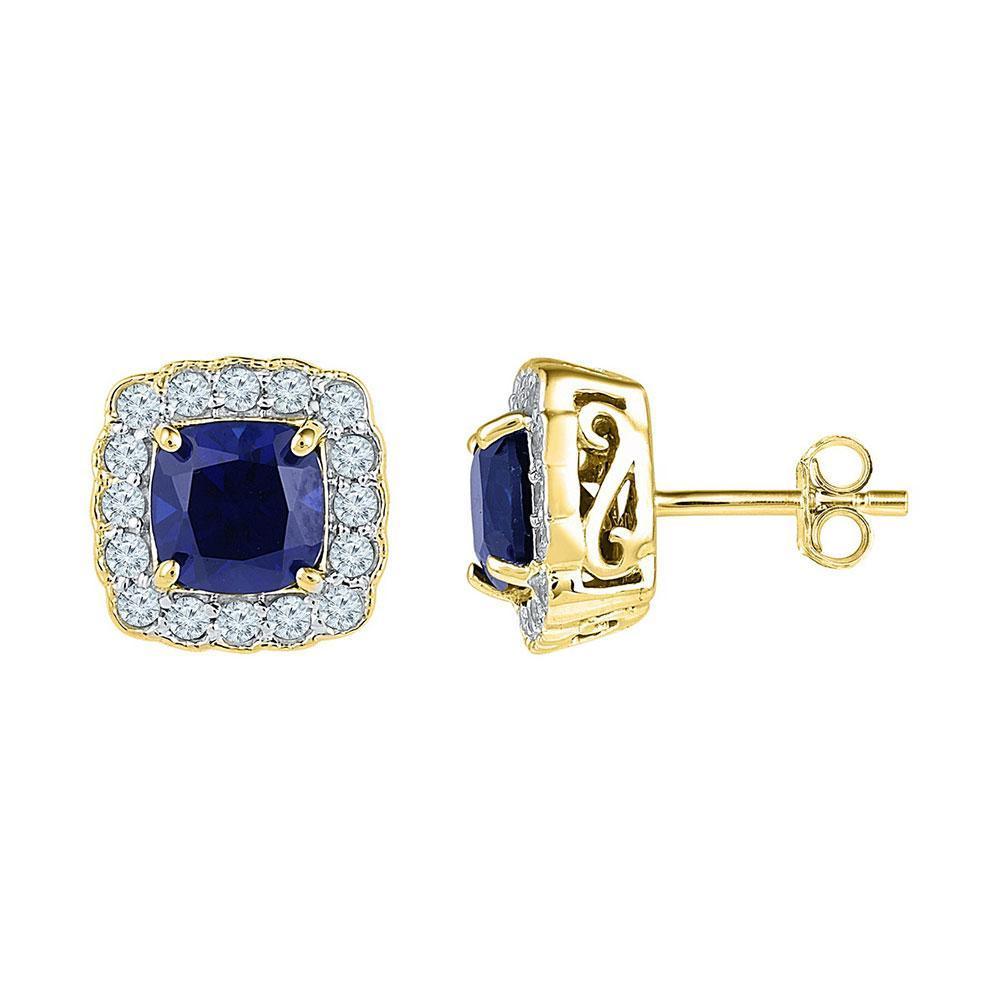 10kt Yellow Gold Womens Cushion Lab-Created Blue Sapphire Stud Earrings 3-1/3 Cttw