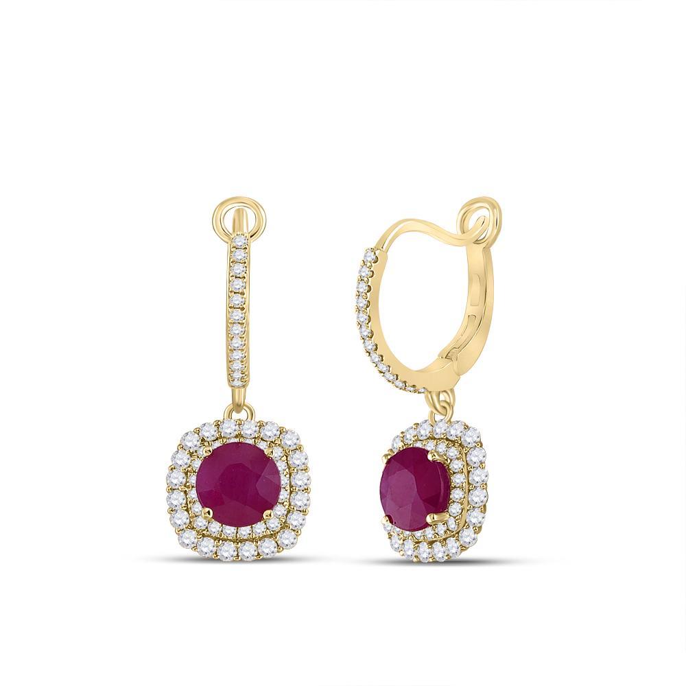 14kt Yellow Gold Womens Round Ruby Diamond Hoop Dangle Earrings 2-3/4 Cttw