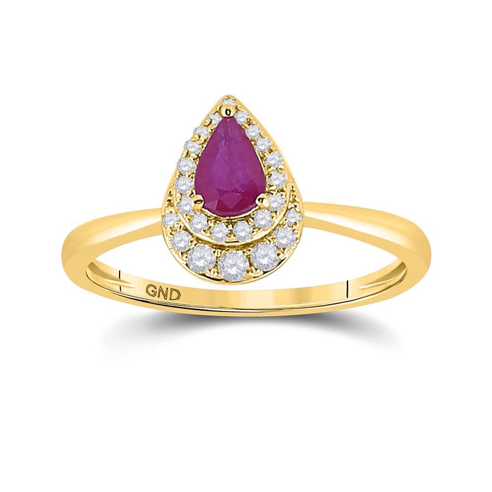 14kt Yellow Gold Womens Pear Ruby Diamond Halo Solitaire Ring 3/4 Cttw