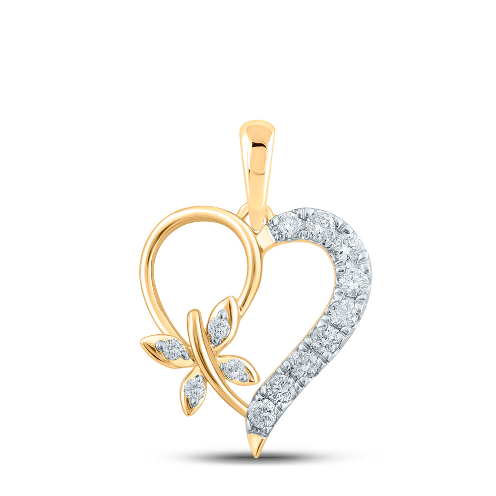10kt Yellow Gold Womens Round Diamond Butterfly Heart Pendant 1/4 Cttw