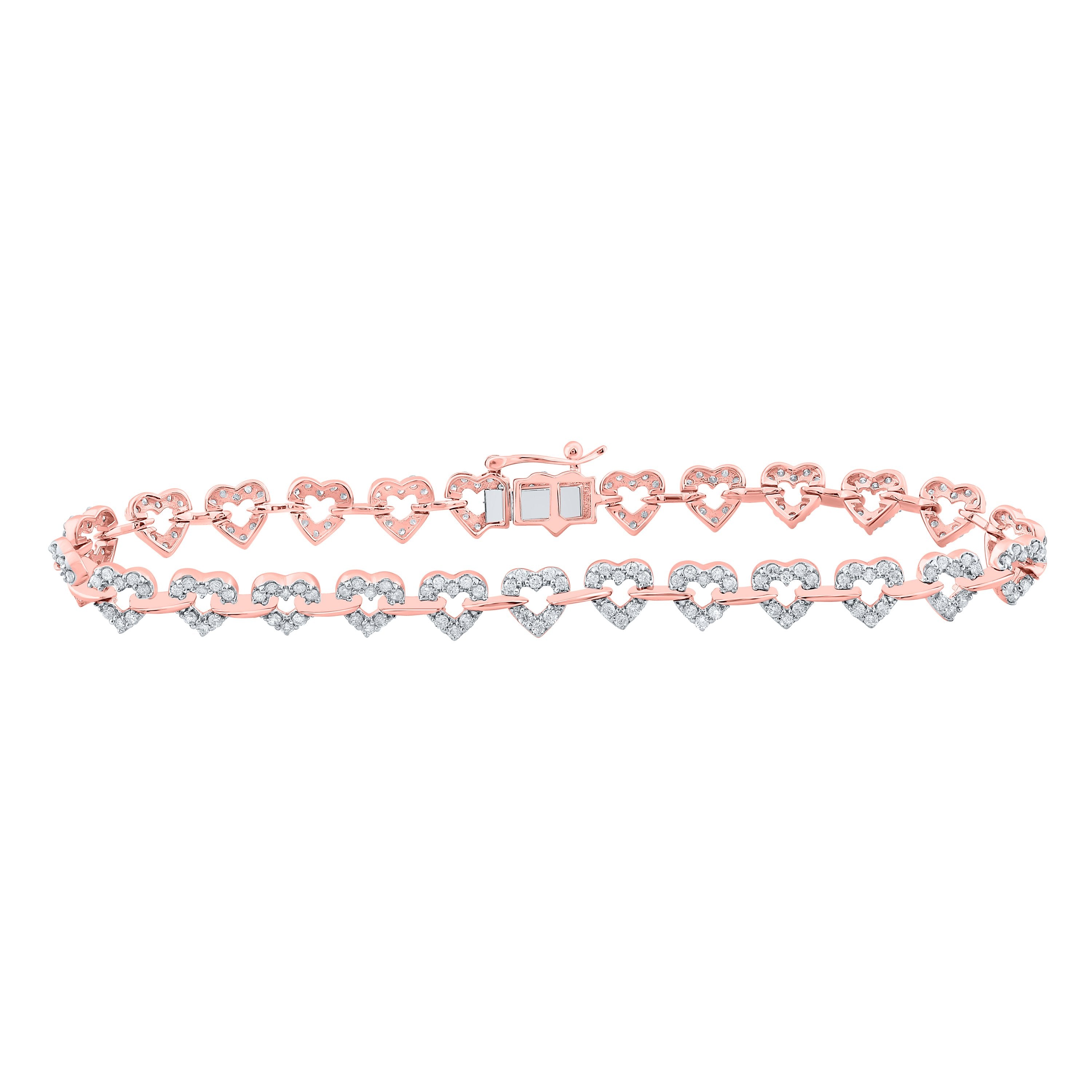 10kt Rose Gold Womens Round Diamond Heart Fashion Bracelet 1-3/8 Cttw