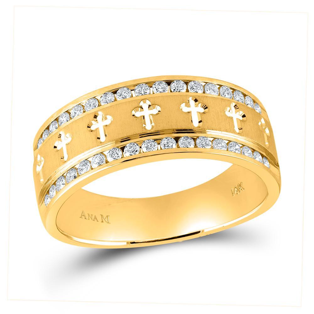 14kt Yellow Gold Mens Round Channel-set Diamond Cross Wedding Band Ring 1/2 Cttw