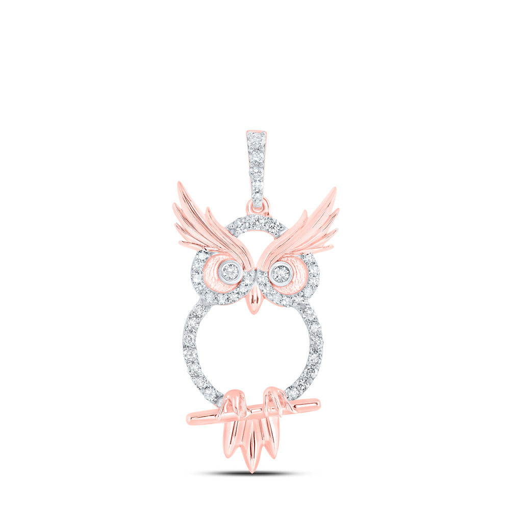 10kt Rose Gold Womens Round Diamond Owl Animal Pendant 1/3 Cttw