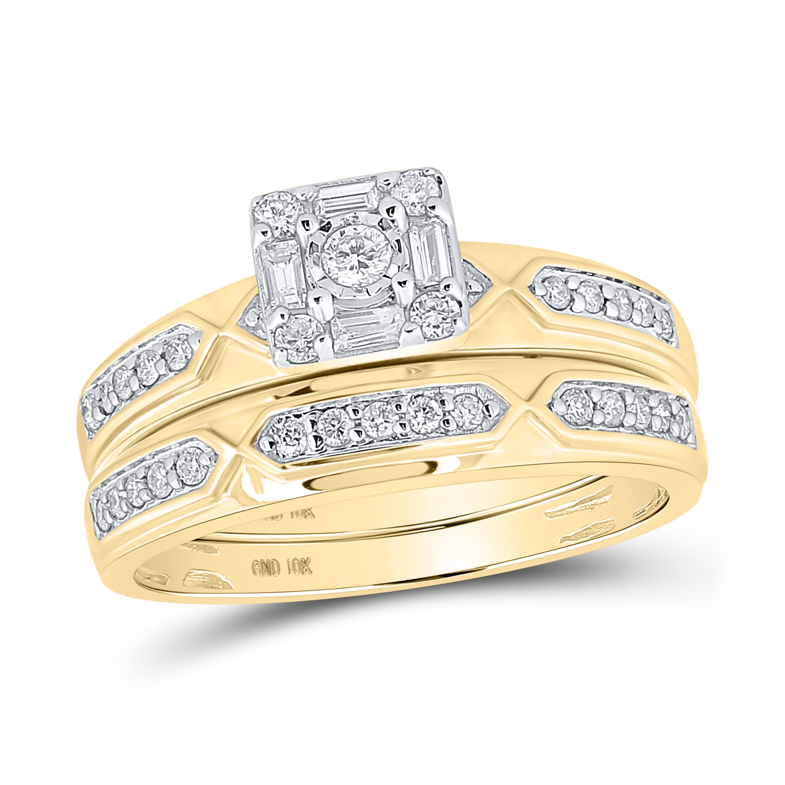 10kt Yellow Gold His Hers Round Diamond Square Matching Wedding Set 1/2 Cttw