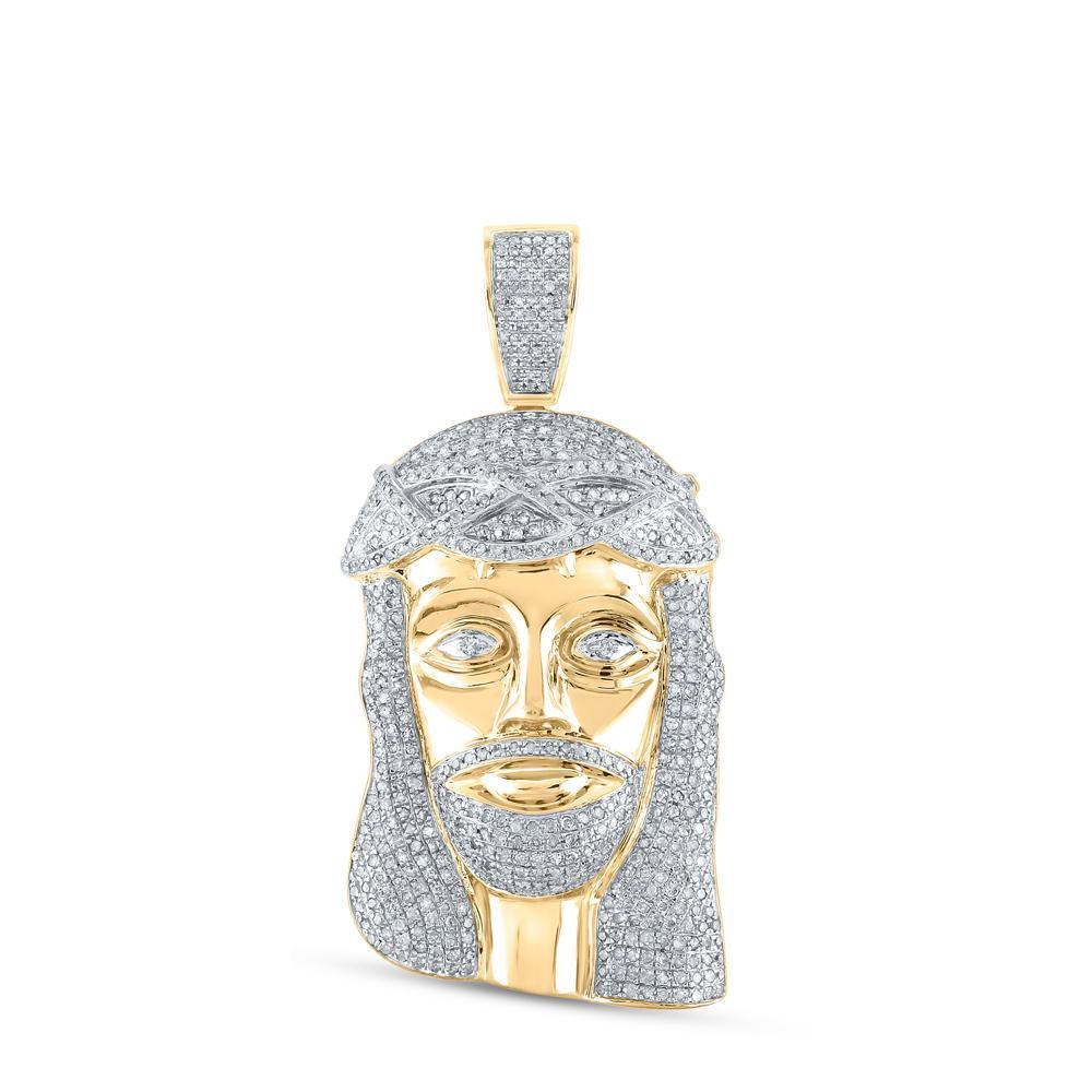 10kt Yellow Gold Mens Round Diamond Jesus Face Charm Pendant 3 Cttw