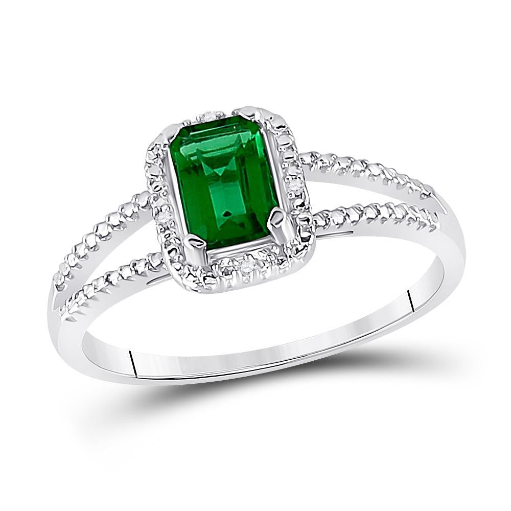 Sterling Silver Womens Lab-Created Emerald Solitaire Diamond Split-shank Ring 1-1/2 Cttw
