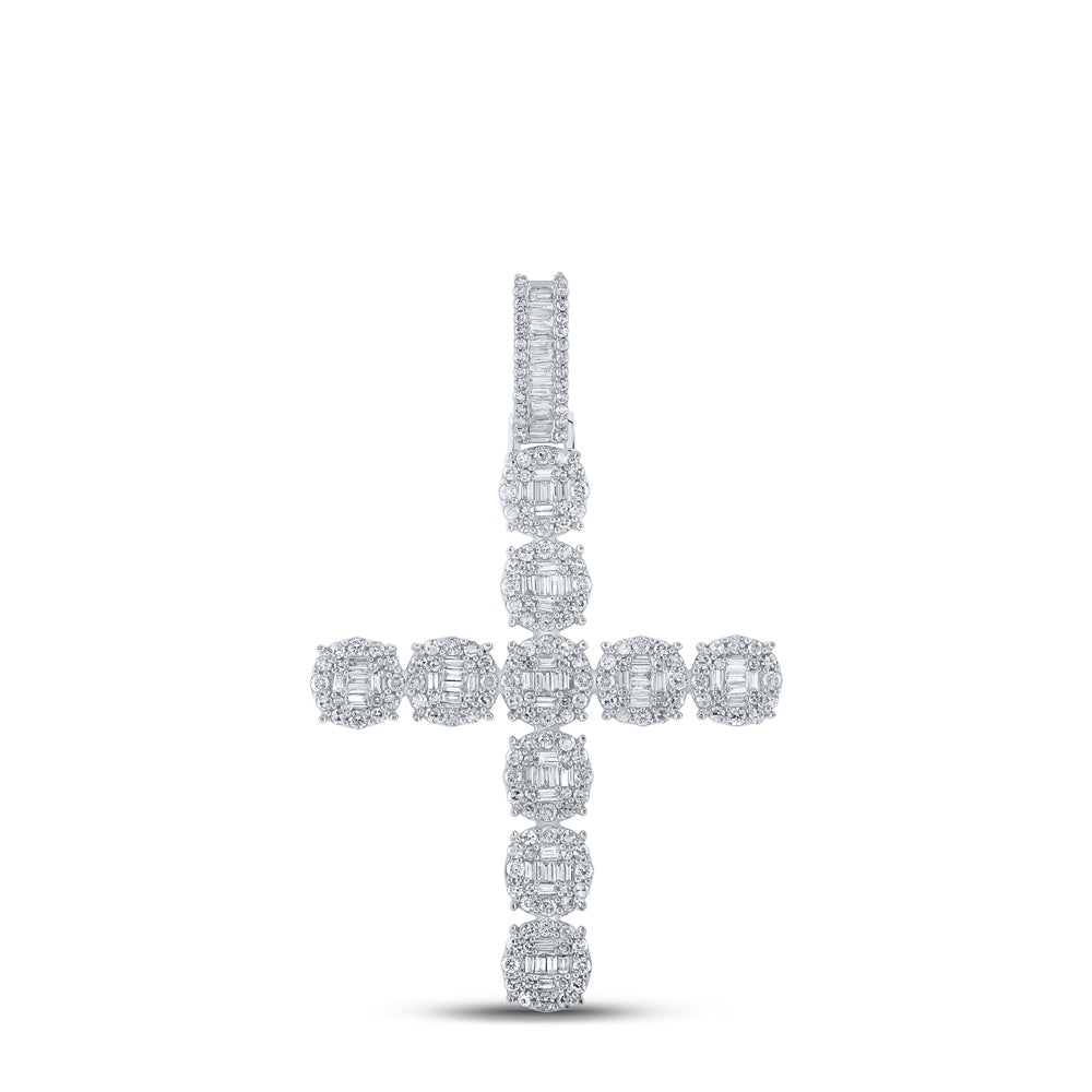 10kt White Gold Mens Baguette Diamond Cross Charm Pendant 1-7/8 Cttw