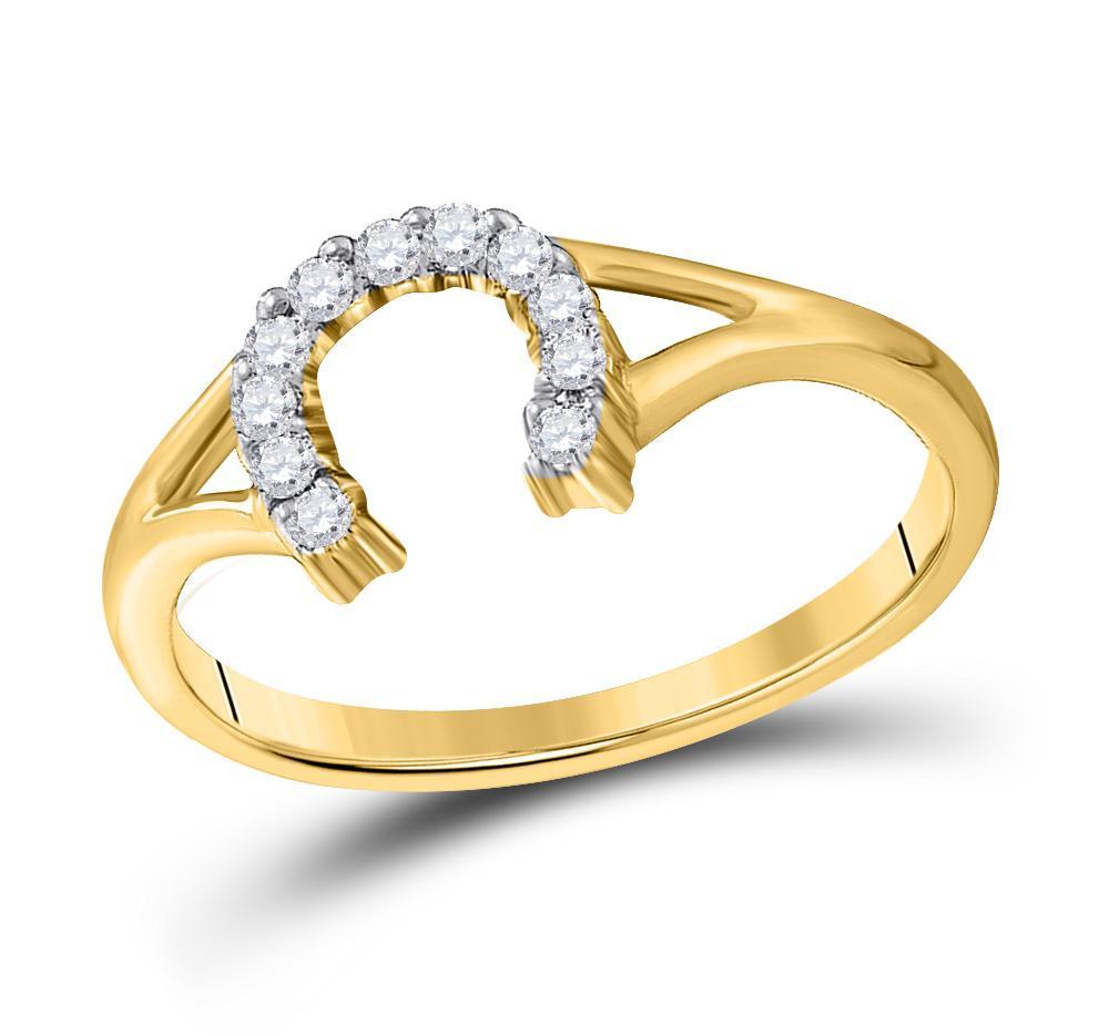 10kt Yellow Gold Womens Round Diamond Lucky Horseshoe Split-shank Ring 1/10 Cttw