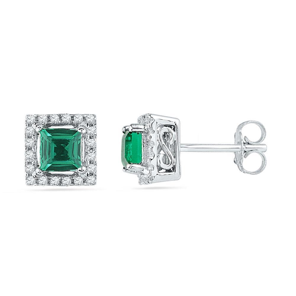 10kt White Gold Womens Princess Lab-Created Emerald Stud Earrings 1/8 Cttw