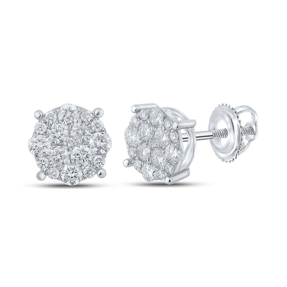 10kt White Gold Mens Round Diamond Cluster Earrings 3/4 Cttw