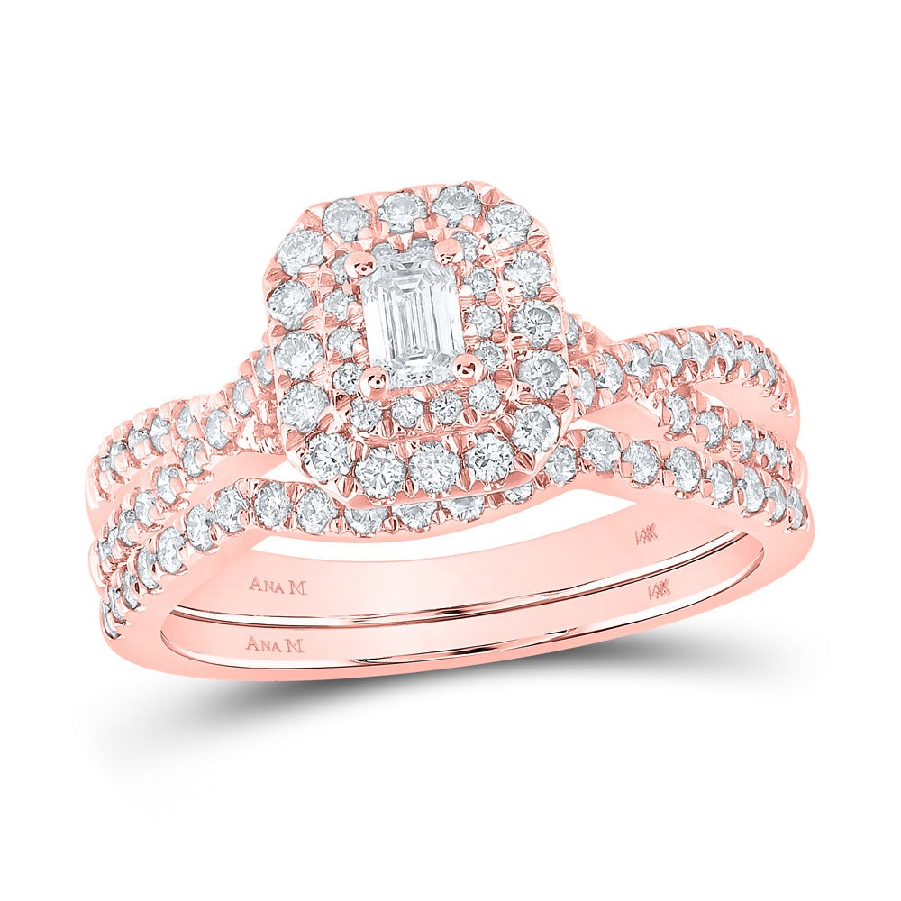 14kt Rose Gold Emerald Diamond Halo Bridal Wedding Ring Band Set 1 Cttw