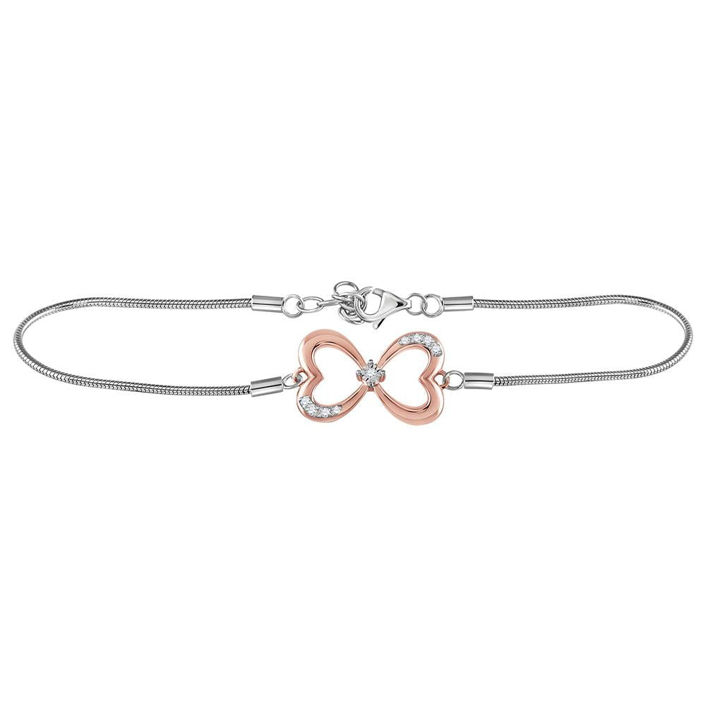 Sterling Silver Womens Round Diamond Infinity Heart Fashion Bracelet 1/20 Cttw