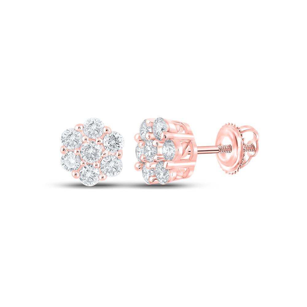 10kt Rose Gold Mens Round Diamond Flower Cluster Earrings 3/4 Cttw