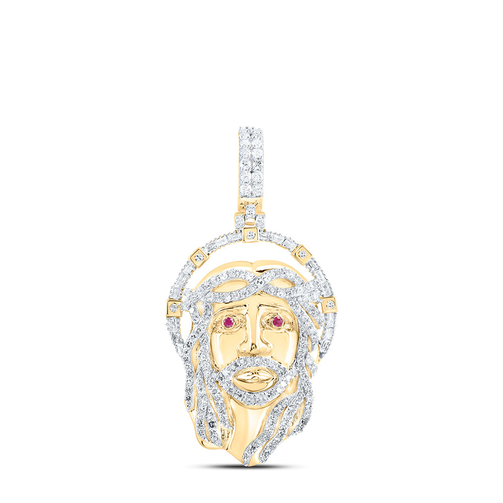 10kt Yellow Gold Mens Round Diamond Ruby Jesus Face Charm Pendant 1 Cttw
