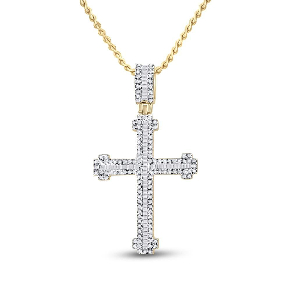 14kt Yellow Gold Mens Round Diamond Cross Charm Pendant 7/8 Cttw