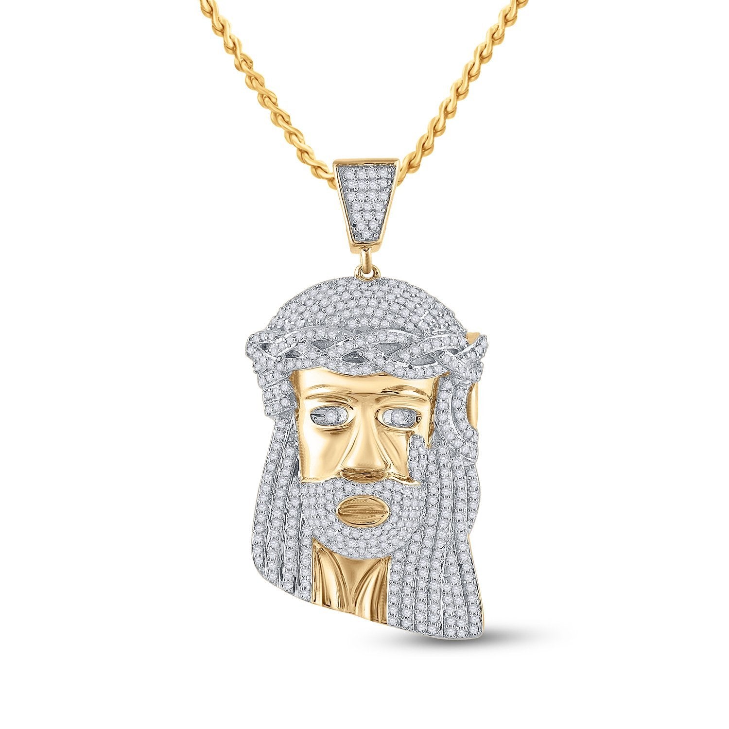 10kt Yellow Gold Mens Round Diamond Jesus Face Charm Pendant 1-1/3 Cttw