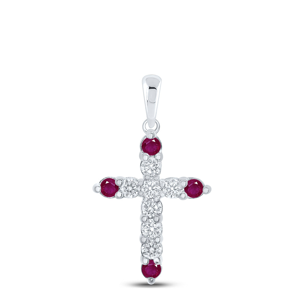 10kt White Gold Womens Round Ruby Diamond Cross Pendant 1/4 Cttw