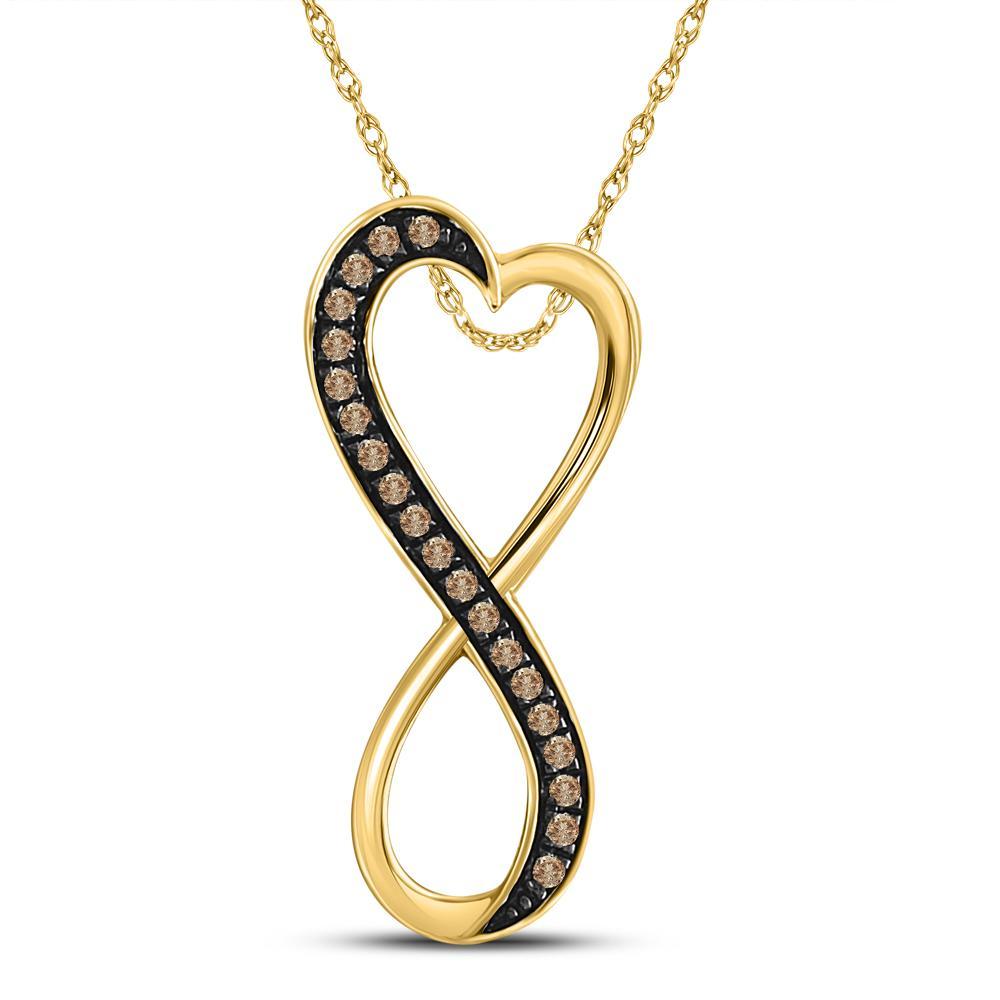 10kt Yellow Gold Womens Round Brown Diamond Heart Infinity Pendant 1/10 Cttw