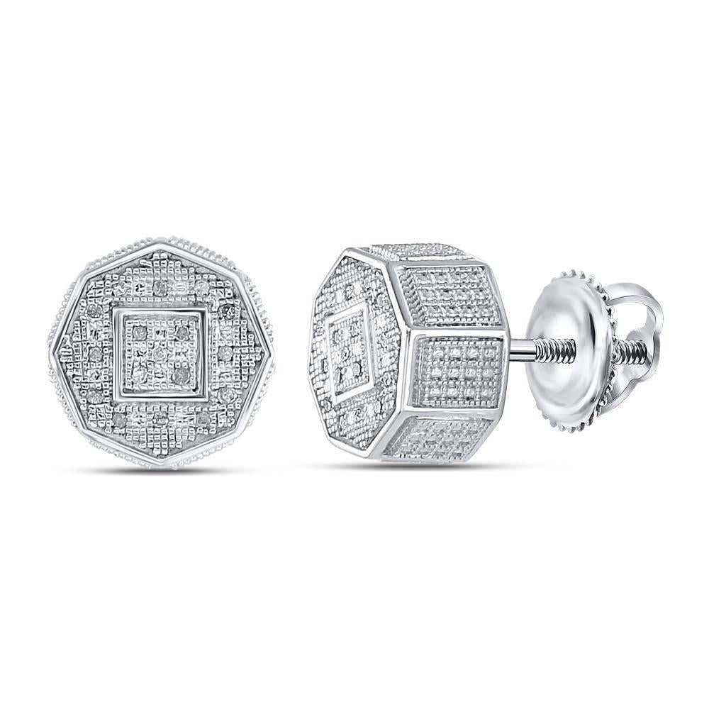 Sterling Silver Mens Round Diamond Octagon Cluster Earrings 1/10 Cttw